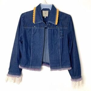 Double D Ranch Denim Jacket 100% Cotton Long Sleeve Rhinestone Faux Fur Blue XS